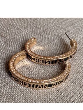 Dior Gold and Black Crystal-Trim Hoop Earrings